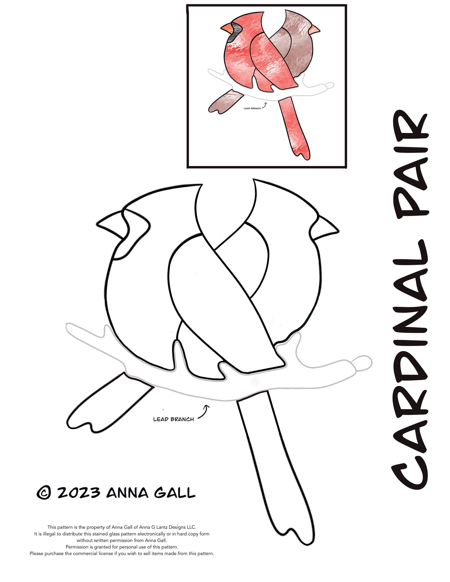 Commercial Use Digital Cardinal Pair on a Branch Stained Glass Sun Catcher Pattern, PDF