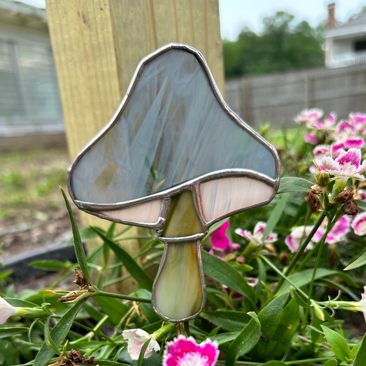 Single Mushroom Planter Stake Stained Glass