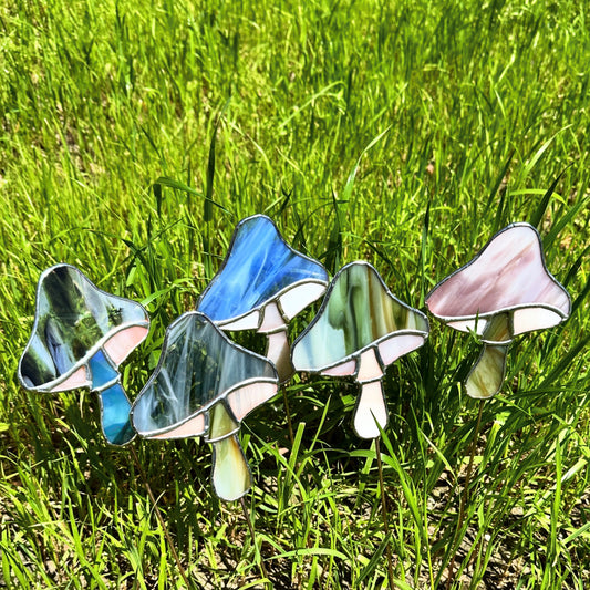 Single Mushroom Planter Stake Stained Glass