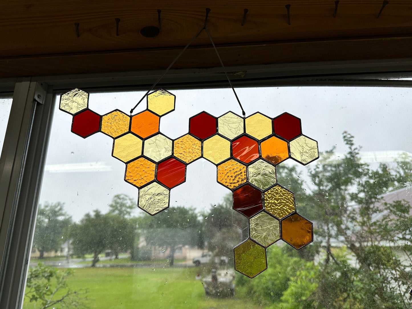 Large Amber Honey Stained Glass Honeycomb sun catcher