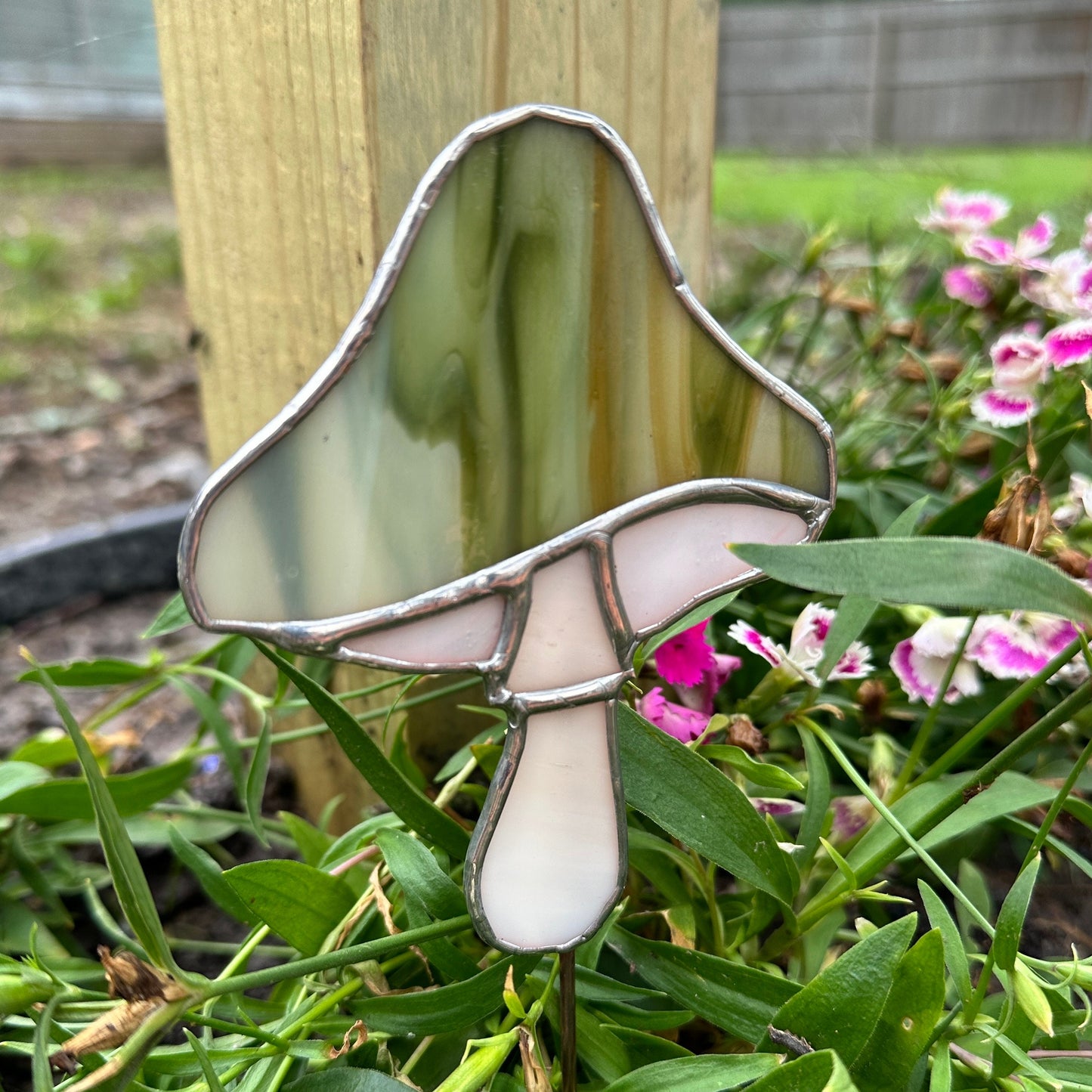 Single Mushroom Planter Stake Stained Glass