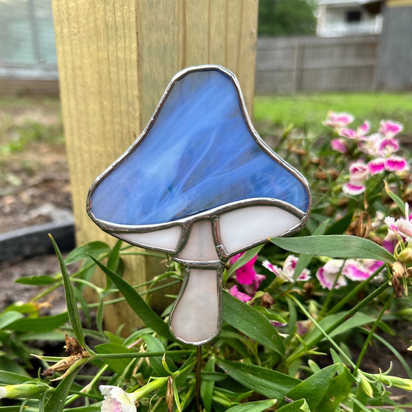 Single Mushroom Planter Stake Stained Glass