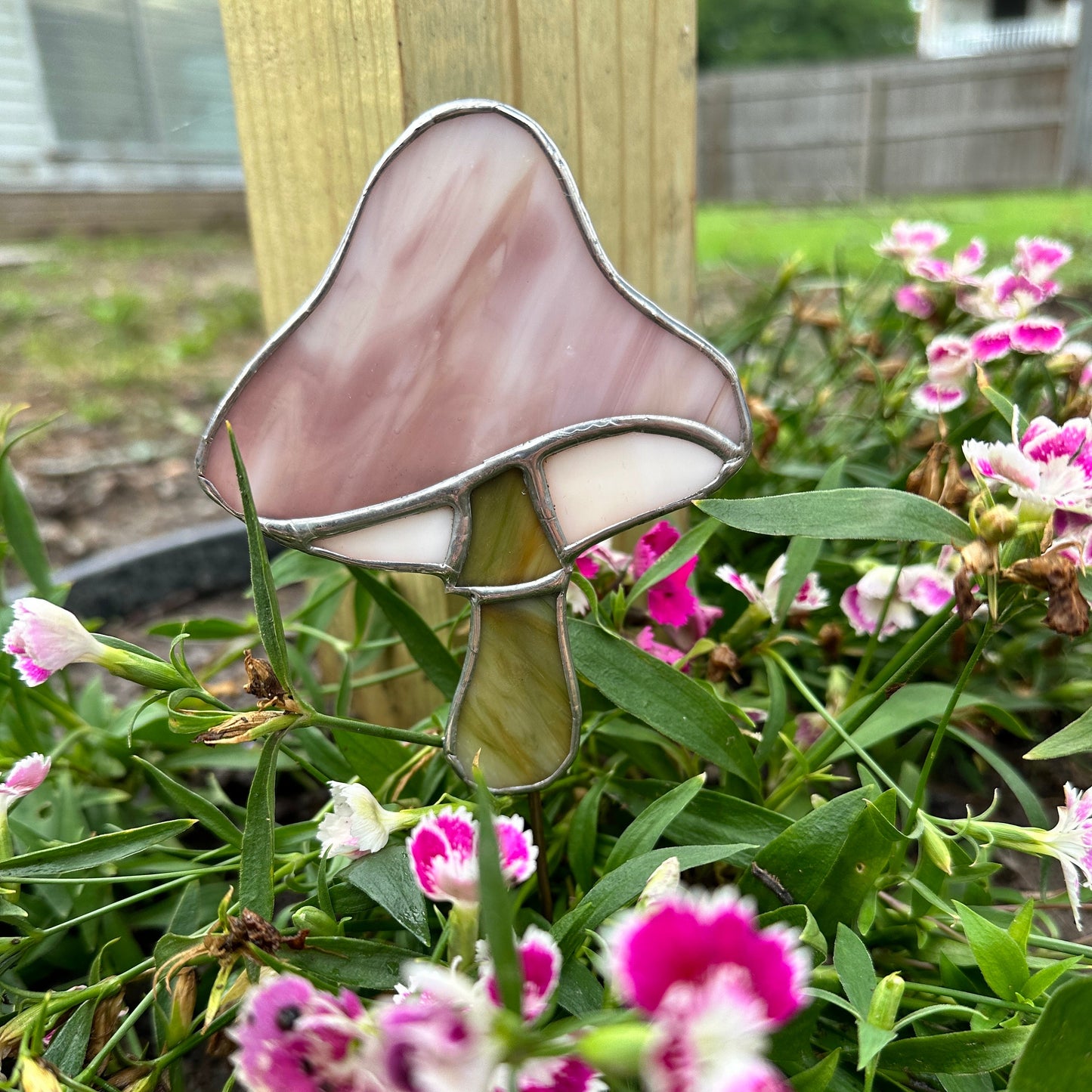 Single Mushroom Planter Stake Stained Glass