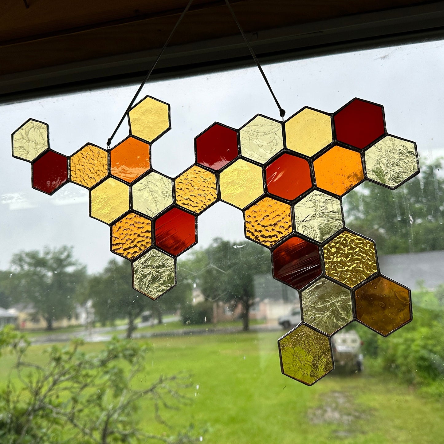 Large Amber Honey Stained Glass Honeycomb sun catcher