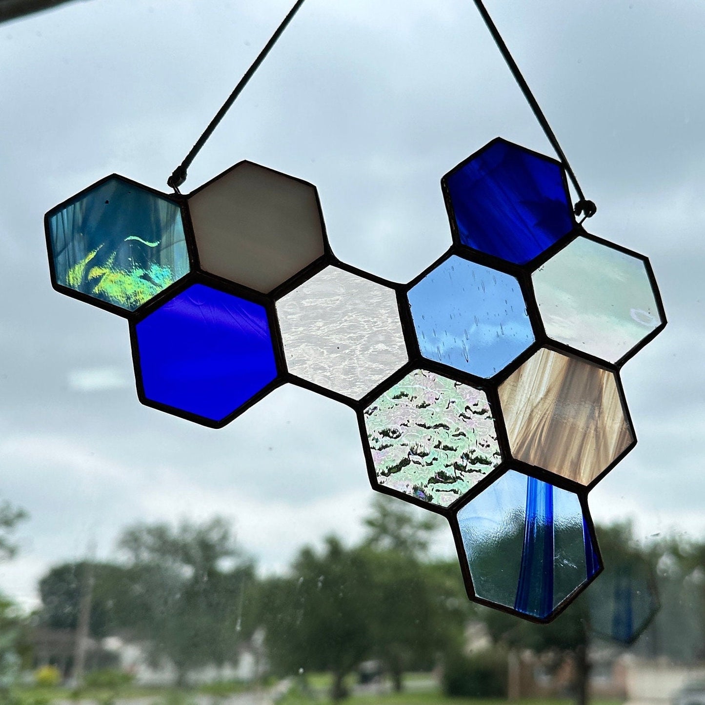 Unique Blue Stained Glass Honeycomb sun catcher