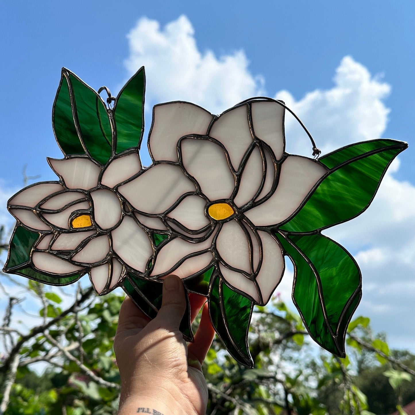 Stained Glass Magnolia Pair Sun Catcher