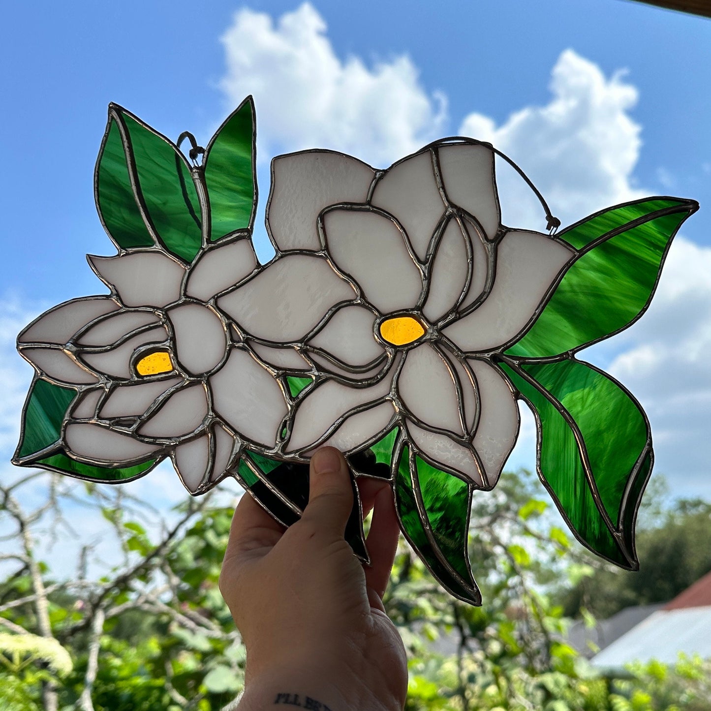 Stained Glass Magnolia Pair Sun Catcher