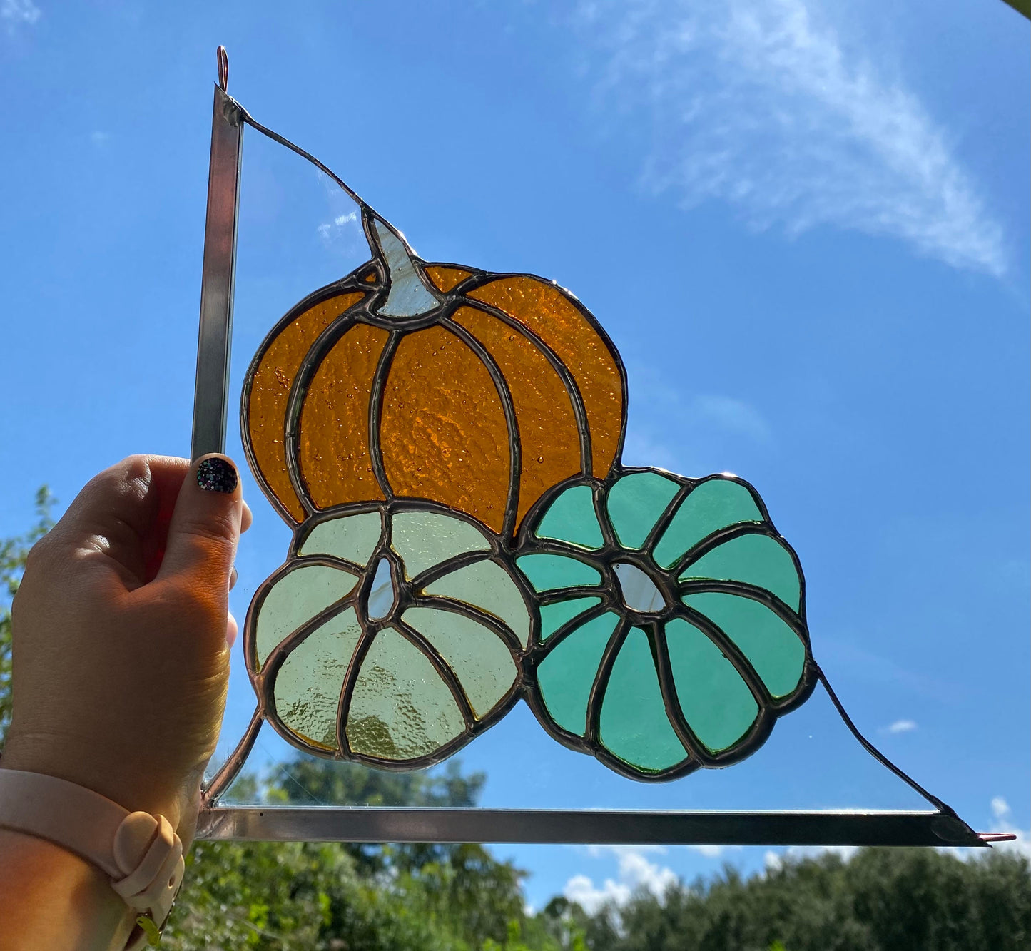 Fall Harvest Pumpkin Trio Stained Glass Corner Panel