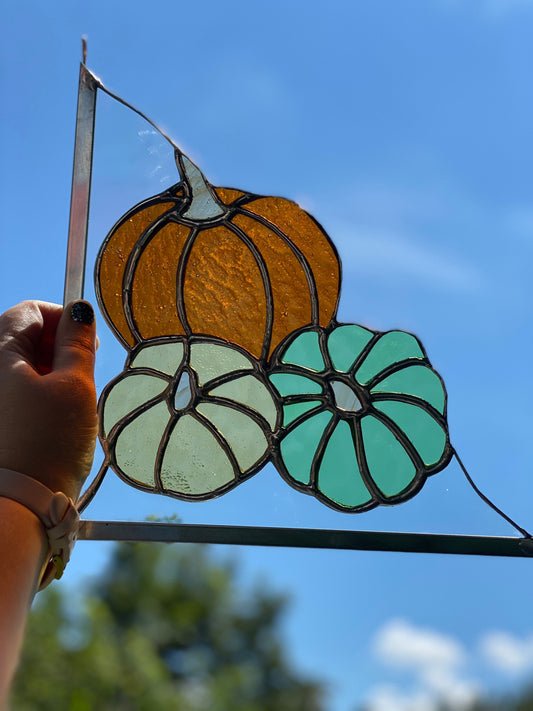 Fall Harvest Pumpkin Trio Stained Glass Corner Panel