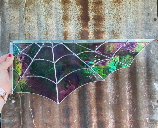 Limited Edition Iridescent Purple Spider Web Corner Stained Glass Spinner